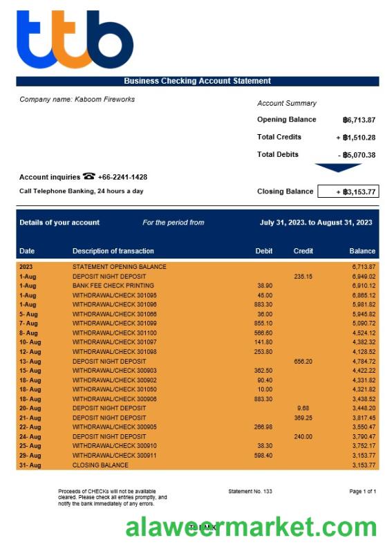 TTB Bank corporate checking account statement Word and PDF template